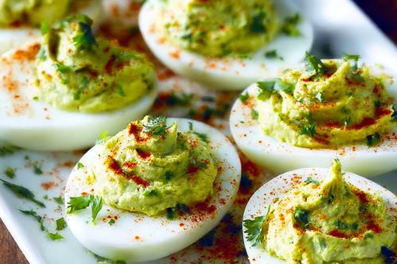 Avocado Deviled Eggs Avocado Deviled Eggs Avocado Deviled Eggs served on a platter, garnished with herbs.