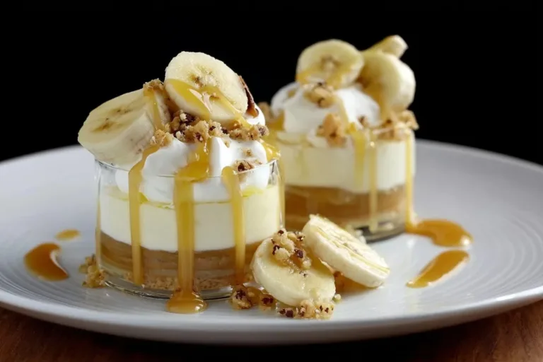 Delicious Banana Caramel Cream Dessert topped with whipped cream and banana slices.