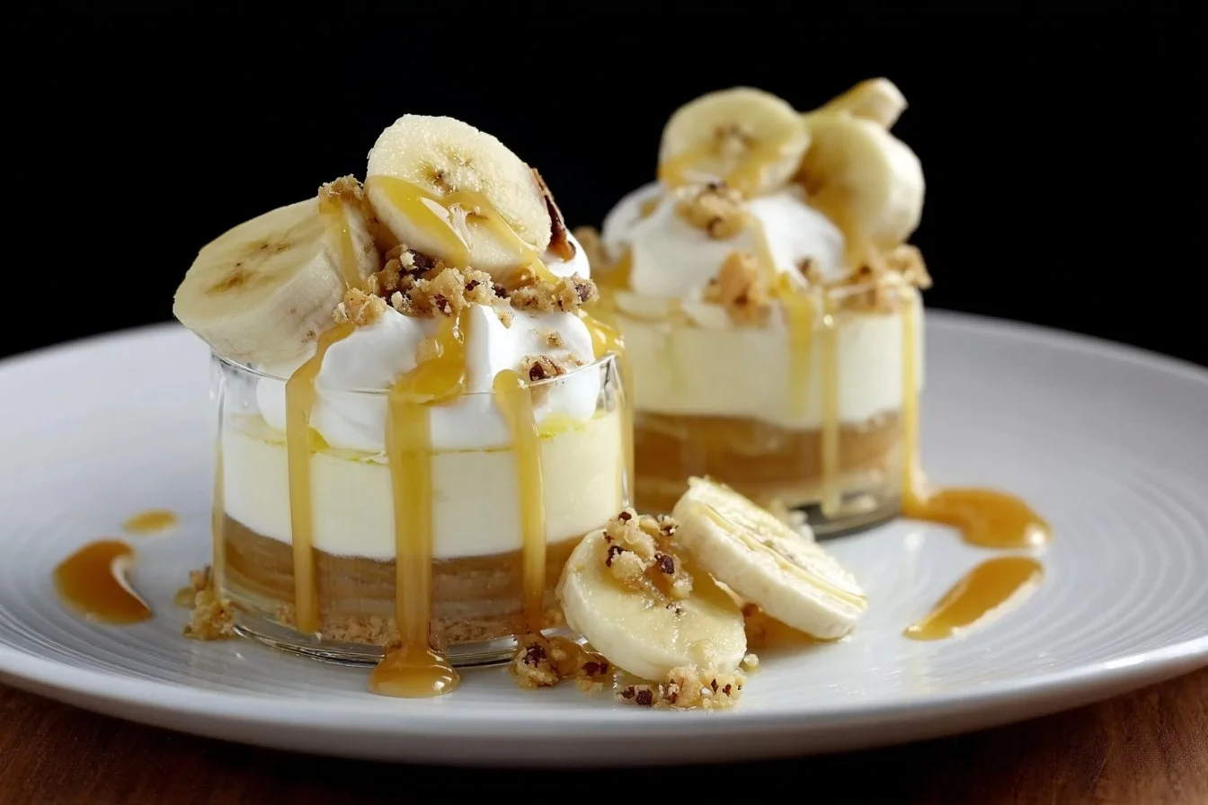 Delicious Banana Caramel Cream Dessert topped with whipped cream and banana slices.