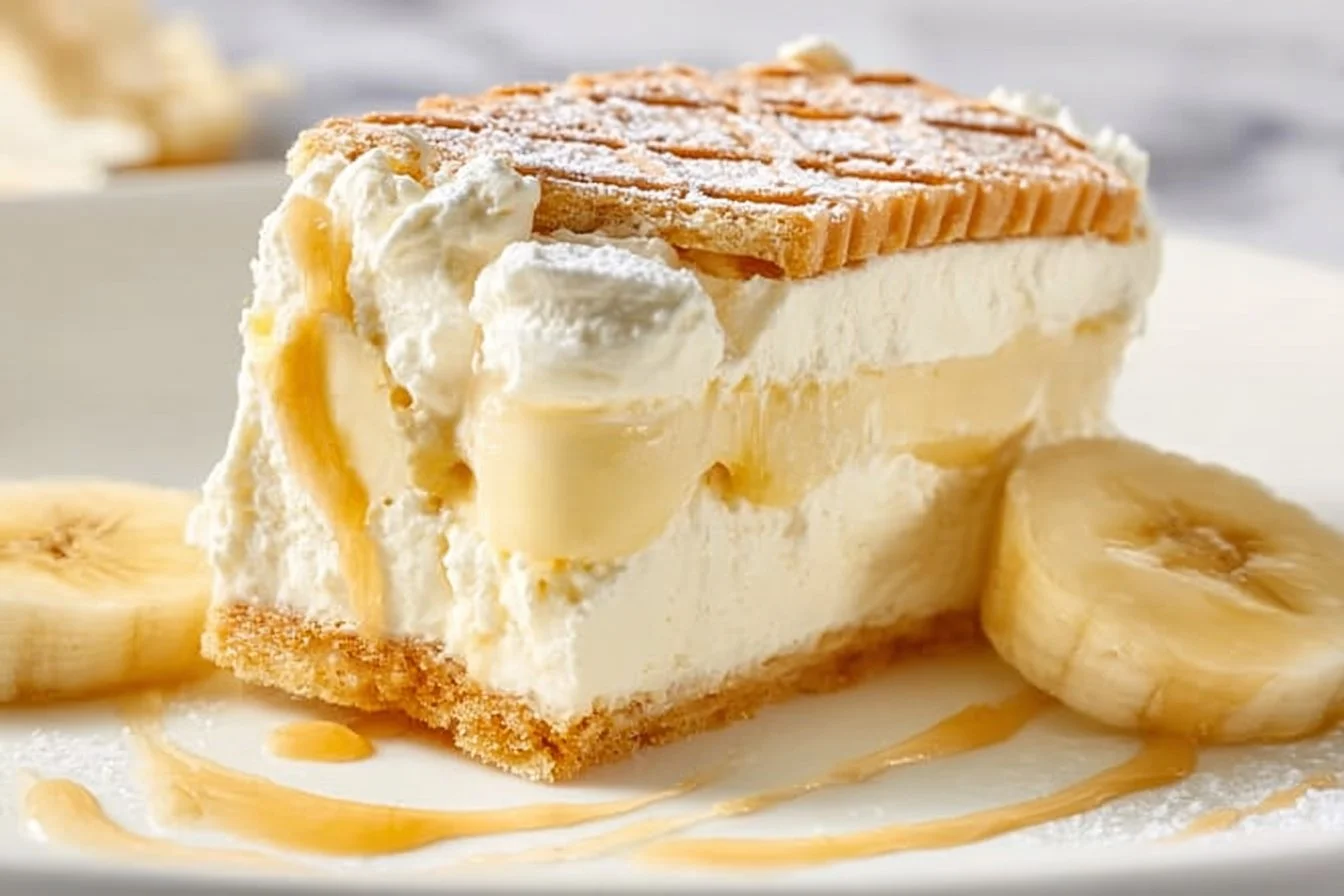 Delicious homemade banana pudding topped with whipped cream and banana slices