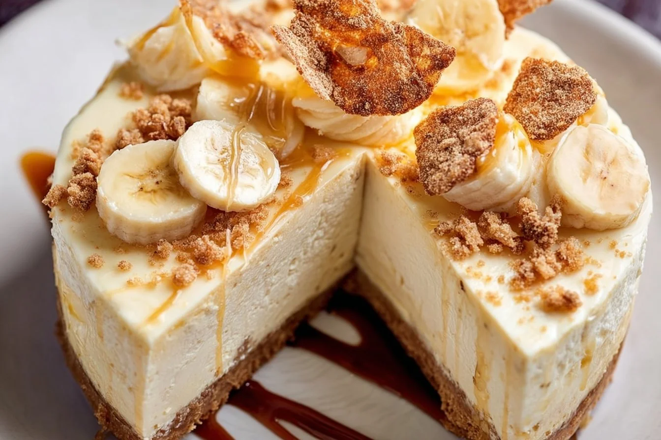 Delicious slice of Banana Pudding Cheesecake topped with whipped cream and banana slices.