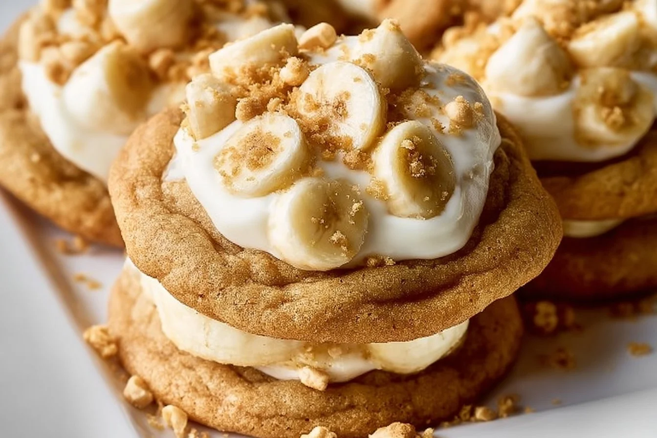 Delicious banana pudding cookies stacked on a plate