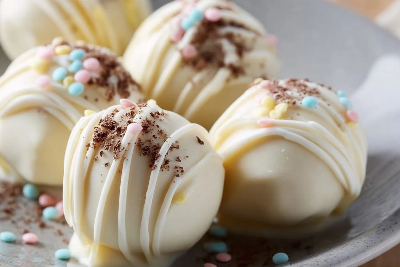Banana Pudding Easter Truffles topped with whipped cream and banana slices
