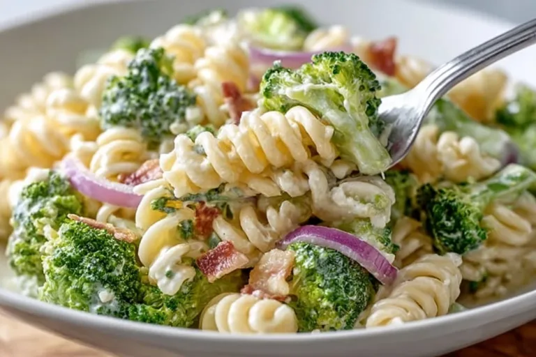 Colorful bowl of the best broccoli pasta salad with fresh vegetables and dressing
