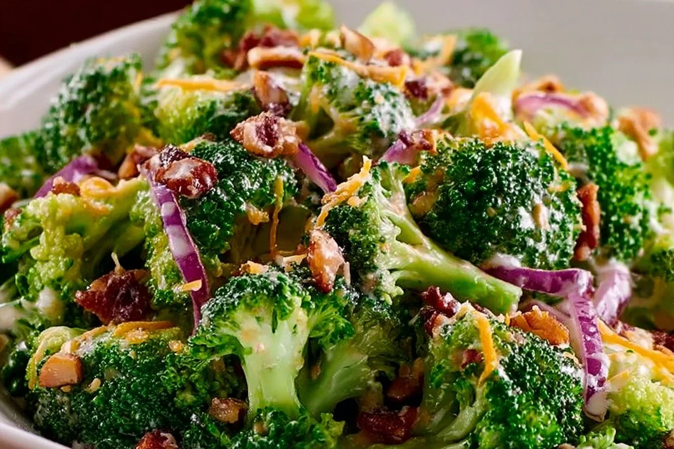 Delicious broccoli salad with vibrant vegetables and creamy dressing