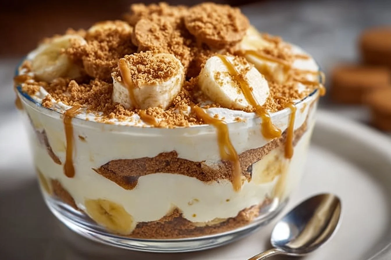 Delicious Biscoff Banana Pudding served in a glass bowl with cookie crumbles on top.