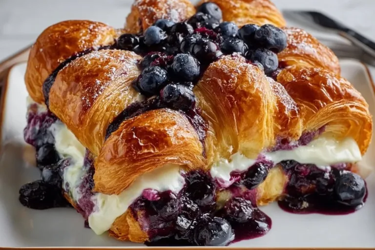 Blueberry cream cheese casserole with croissants and fresh blueberries