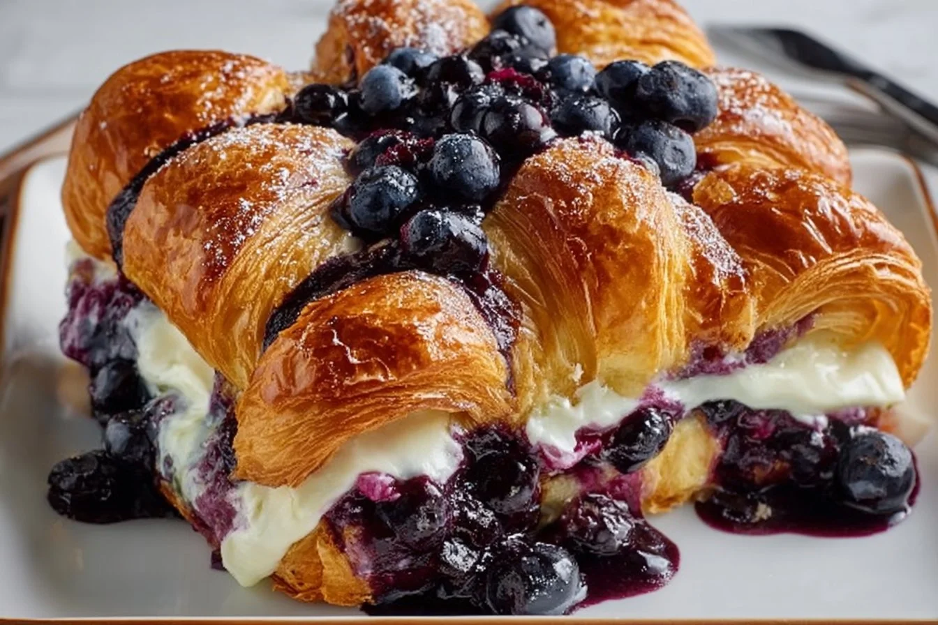 Blueberry cream cheese casserole with croissants and fresh blueberries