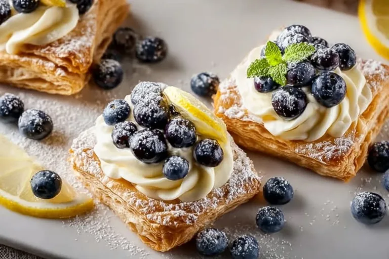 Blueberry lemon cream pastries topped with fresh blueberries and lemon zest