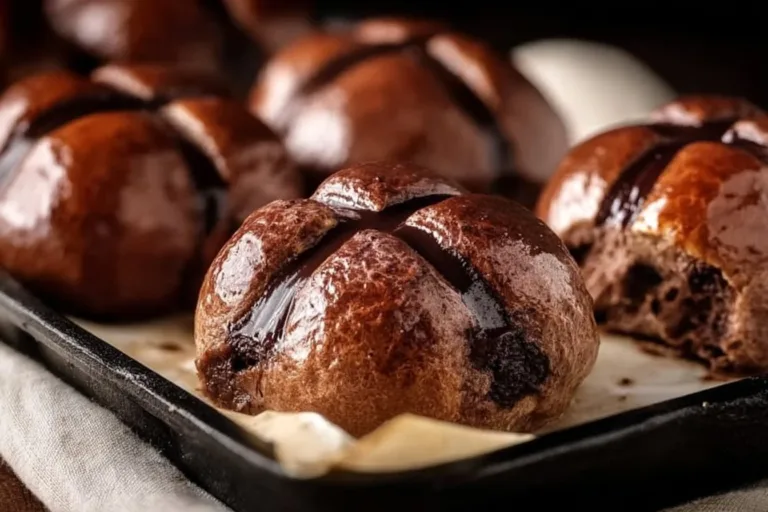 Brioche chocolate hot cross buns fresh out of the oven