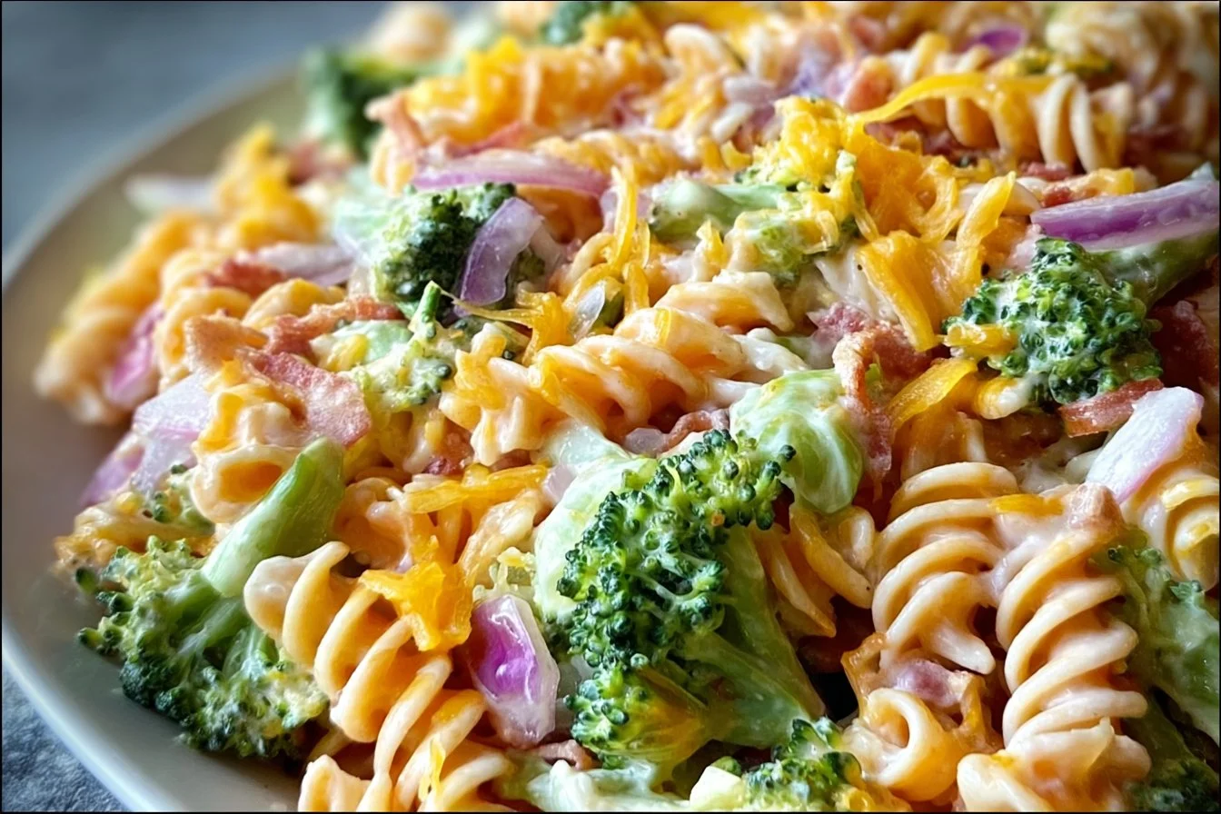 Broccoli Cheddar Pasta Salad (Walmart Copycat Recipe) broccoli cheddar pasta salad Bowl of Broccoli Cheddar Pasta Salad inspired by Walmart recipe.