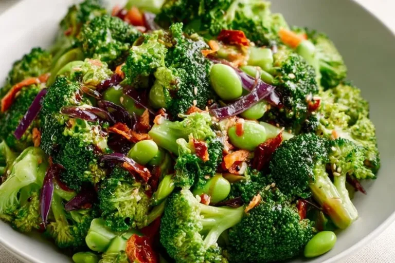 Fresh broccoli salad with colorful vegetables and dressing.
