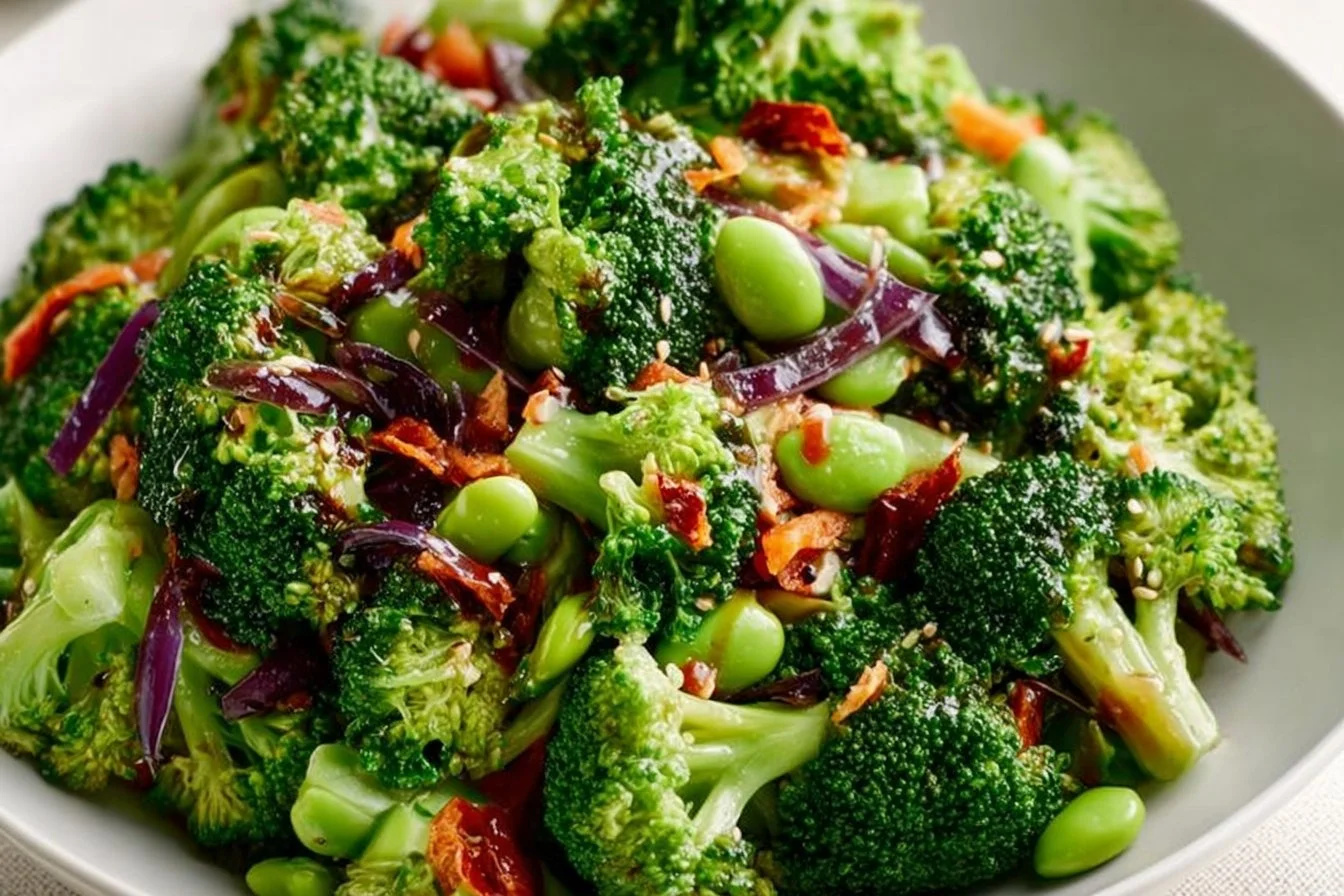 Fresh broccoli salad with colorful vegetables and dressing.
