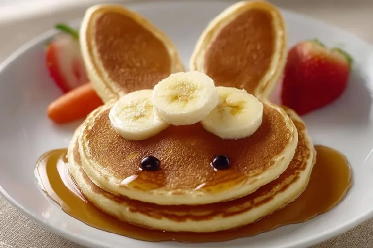 Cute bunny pancakes with fruit toppings on a plate for a fun breakfast.