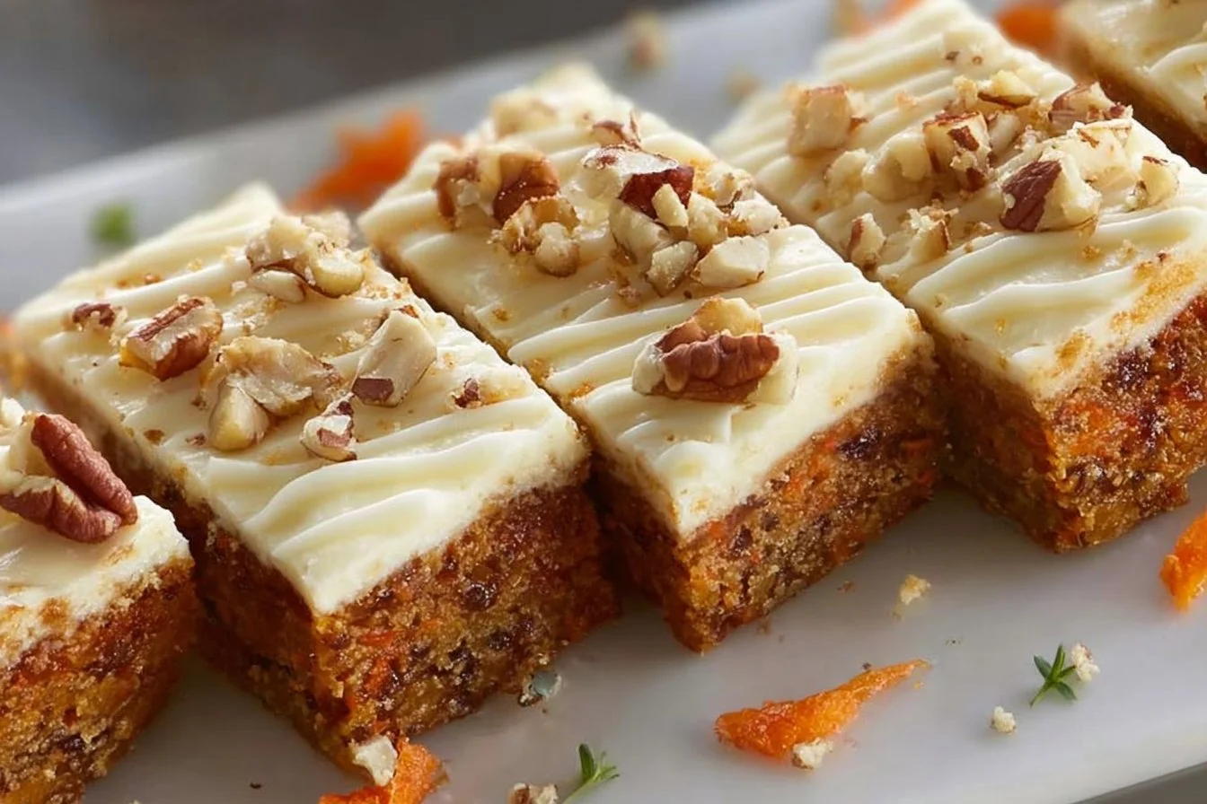 Deliciously moist carrot cake bars topped with cream cheese frosting