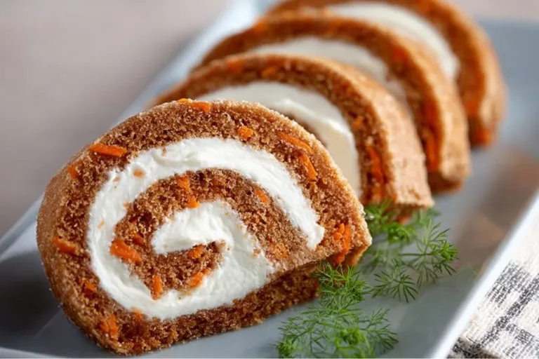 Delicious carrot cake roll with cream cheese frosting on a rustic table