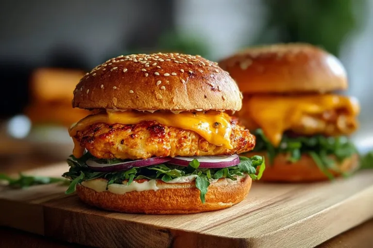 Cheesy Cheddar Ranch Chicken Burgers ready to serve with toppings
