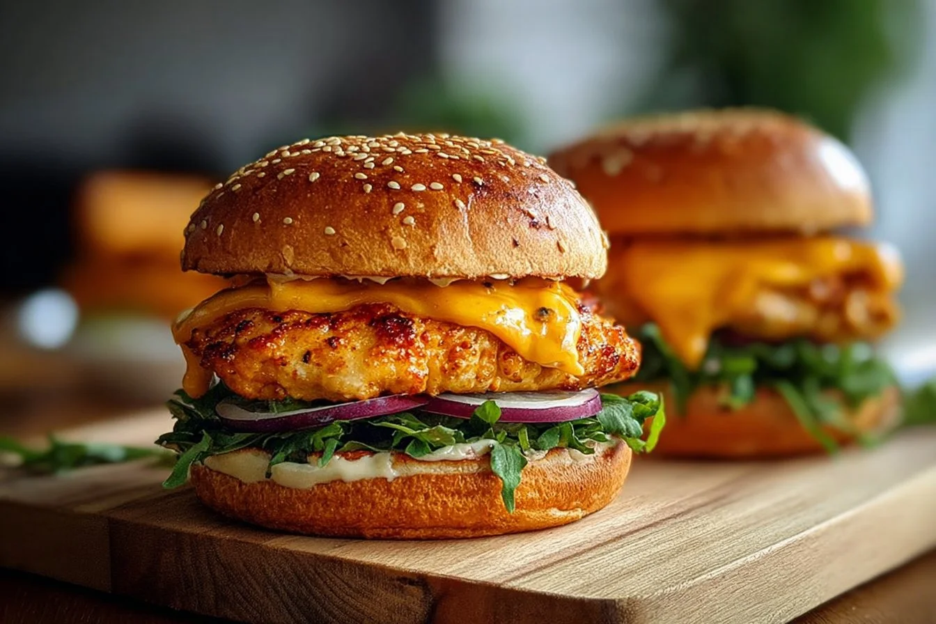 Cheesy Cheddar Ranch Chicken Burgers ready to serve with toppings