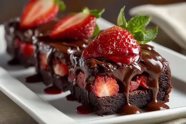 Delicious chocolate covered strawberry brownies stacked on a plate
