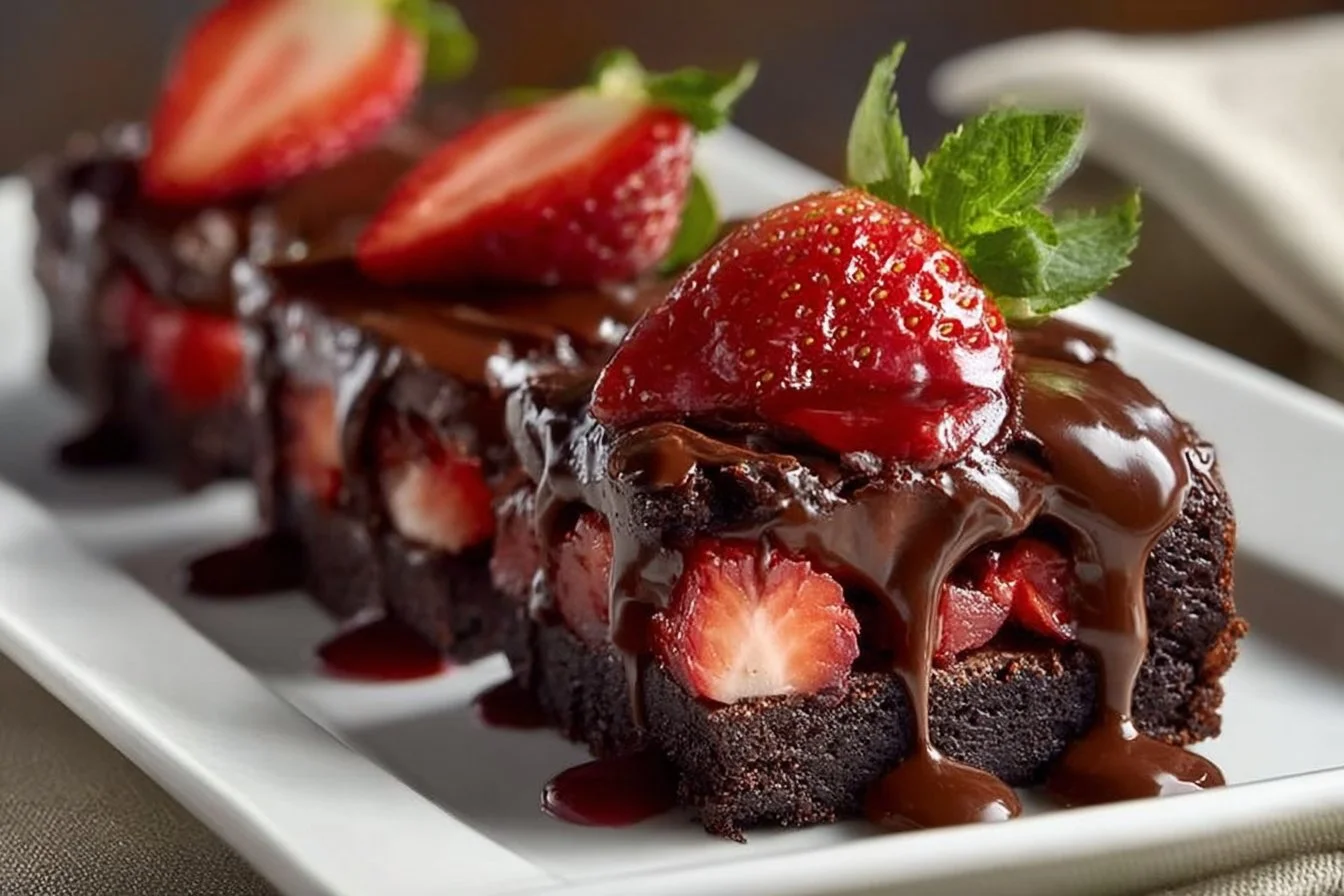 Delicious chocolate covered strawberry brownies stacked on a plate