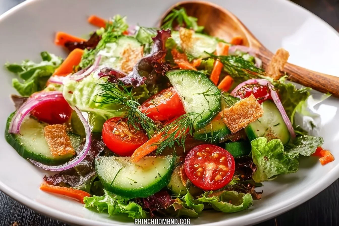 Classic house salad with fresh greens, tomatoes, and cucumber in a bowl