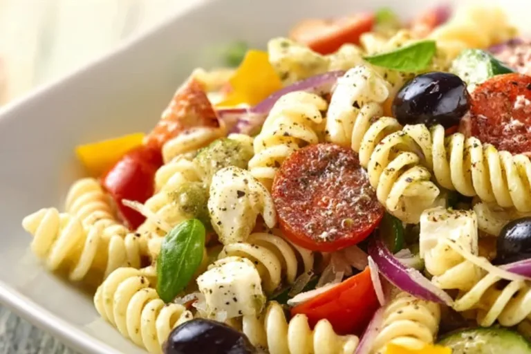 A bowl of classic pasta salad with colorful vegetables and dressing.