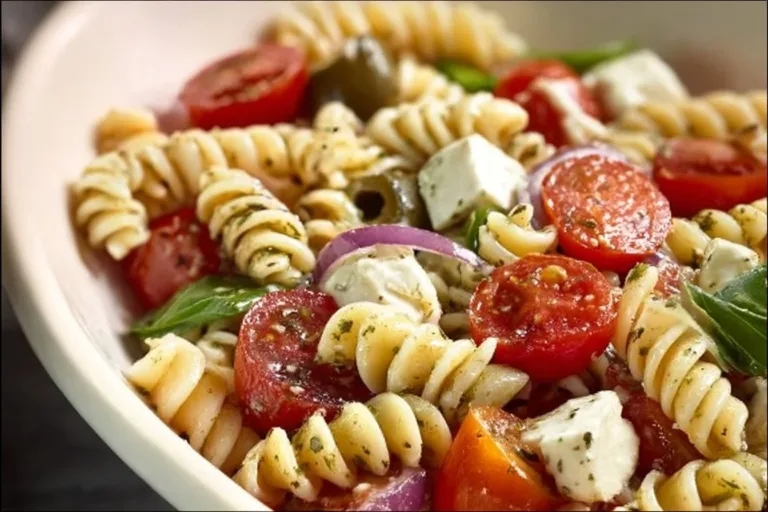 Bowl of classic pasta salad with fresh vegetables and dressing