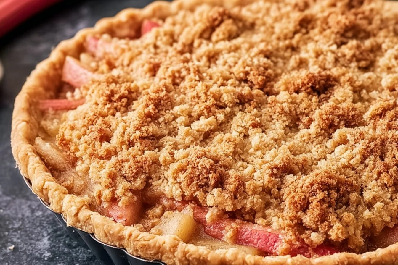 Classic rhubarb crumble pie with a golden crumble topping and fresh rhubarb filling