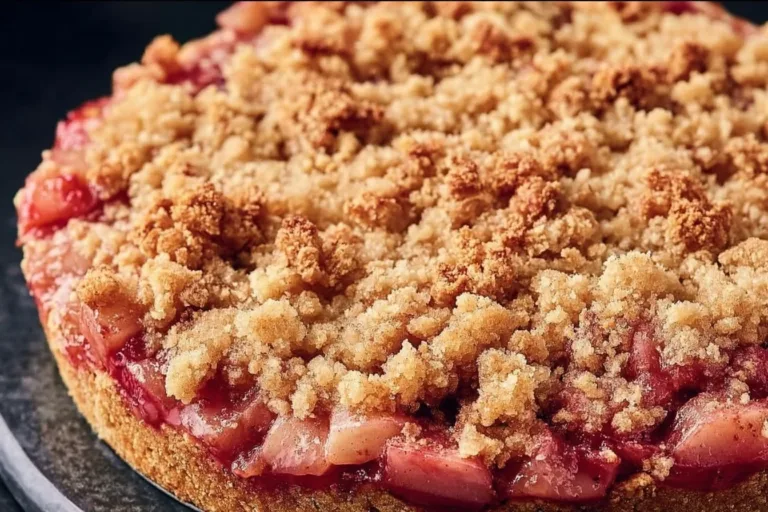 Slice of classic rhubarb crumble pie with a golden crumble topping