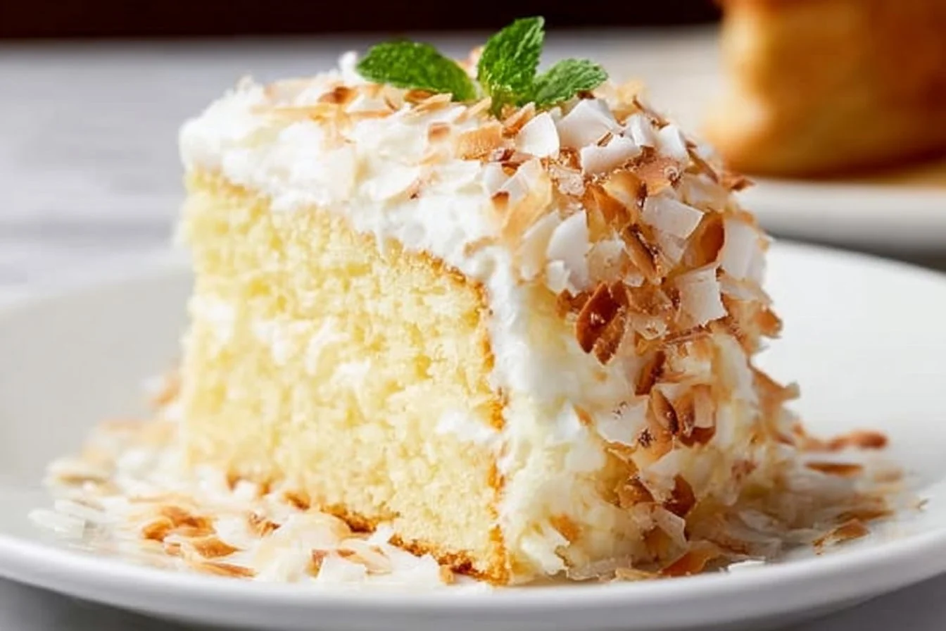 Delicious homemade coconut cake with frosting and coconut flakes garnish