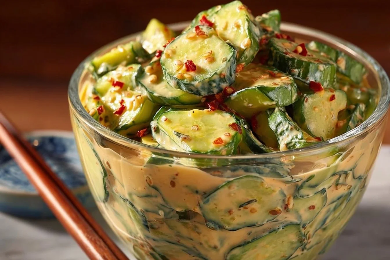 Creamy Asian cucumber salad bowl with fresh vegetables and dressing