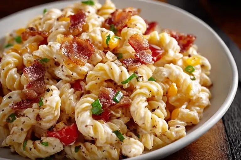 Creamy Bacon Cheddar Ranch Pasta Salad with fresh ingredients and vibrant colors