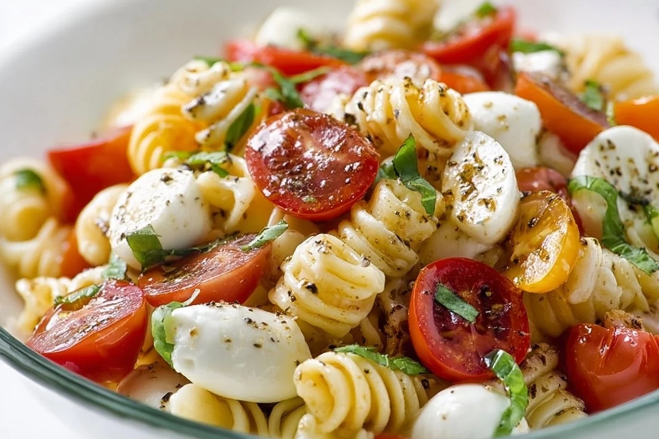 Creamy Caprese Pasta Salad with fresh tomatoes, mozzarella, and basil