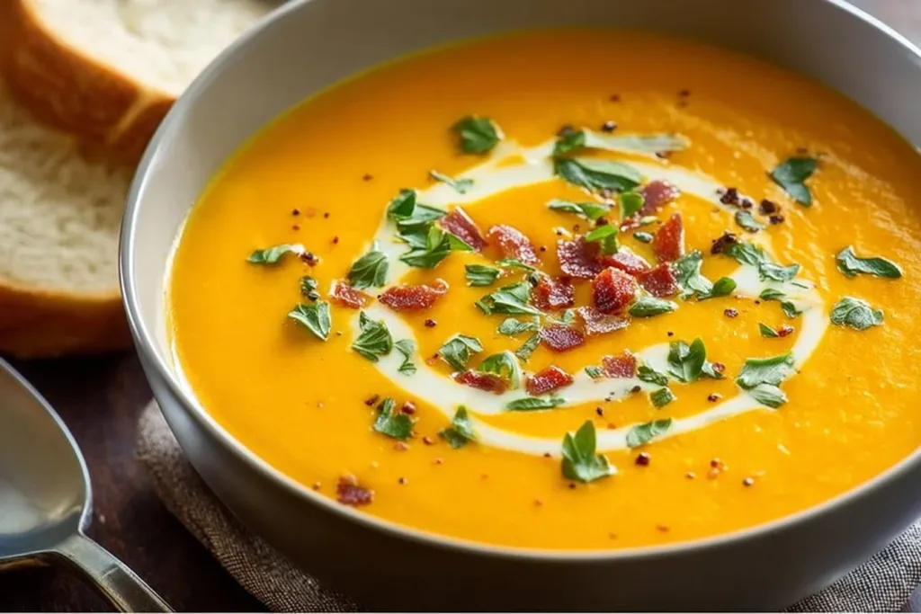 Bowl of creamy carrot soup garnished with fresh herbs and a swirl of cream