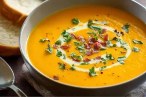 Bowl of creamy carrot soup garnished with fresh herbs and a swirl of cream