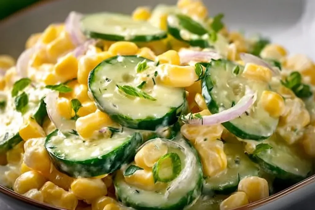Creamy corn cucumber salad with fresh vegetables and a tangy dressing