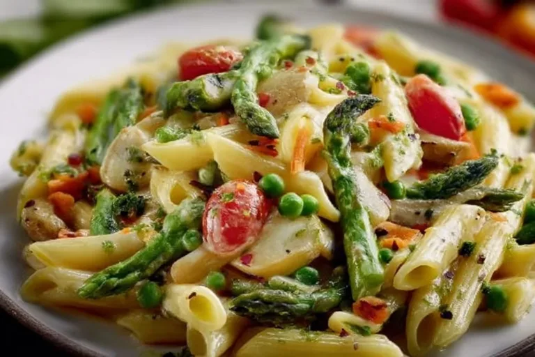 Creamy Pasta Primavera with fresh vegetables and creamy sauce