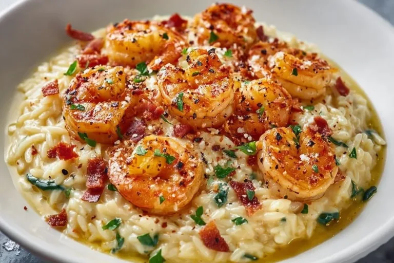 Creamy shrimp orzo dish topped with herbs and served in a bowl.