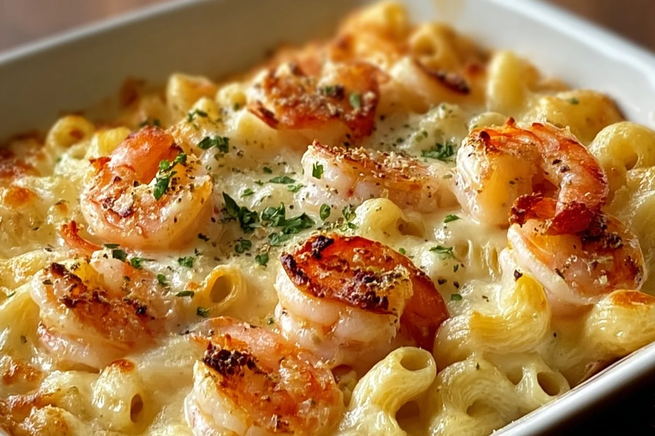 Creamy shrimp scampi pasta bake topped with cheese and herbs, served in a dish.