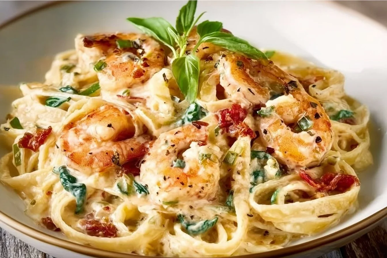 Delicious Creamy Tuscan Shrimp Linguine served in a white bowl