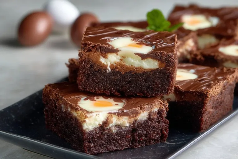 Decadent Creme Egg Brownies topped with creamy chocolate eggs