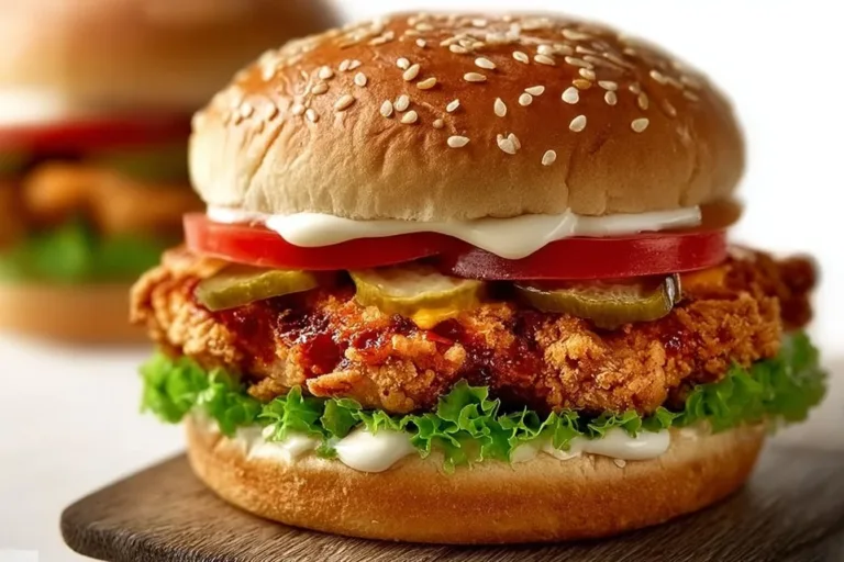Delicious crispy chicken burger served with fresh toppings and fries