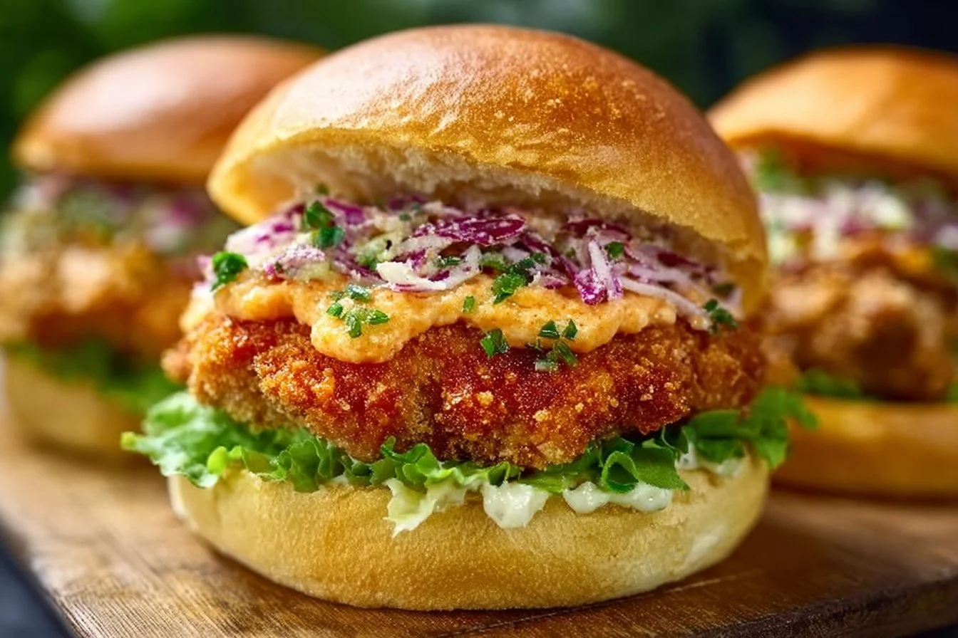 Delicious crispy chicken burger topped with fresh vegetables and sauce