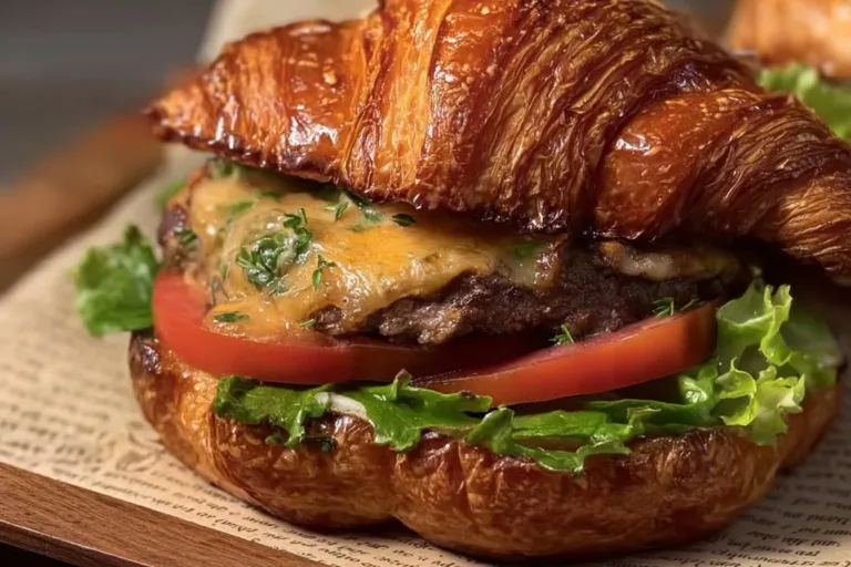 Delicious croissant smash burger served with fresh toppings