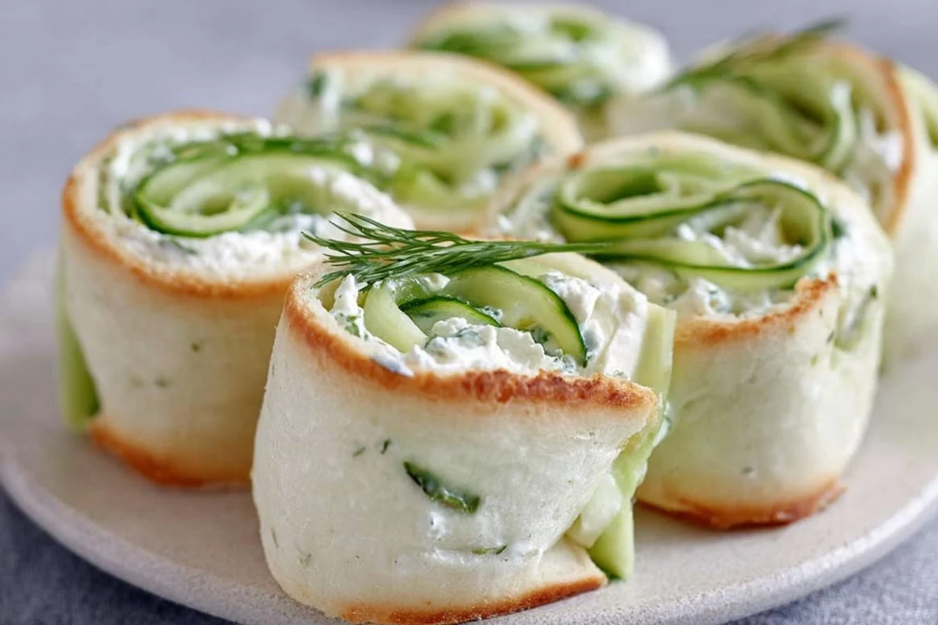 Cucumber and cream cheese sandwich rolls on a plate
