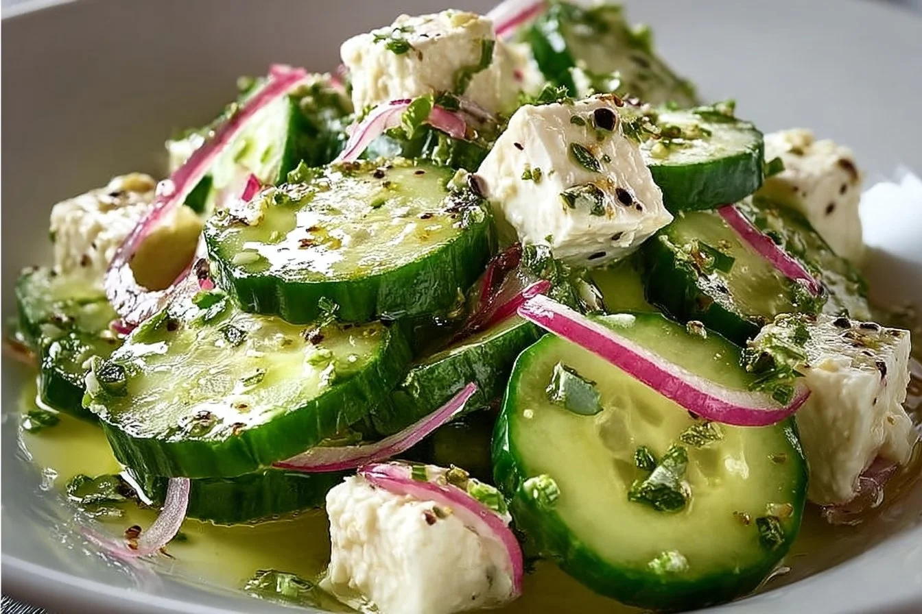 Cucumber Feta Salad served in a bowl, featuring fresh cucumbers and crumbled feta cheese.