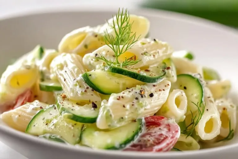 A bowl of Cucumber Pasta Salad with fresh vegetables and pasta.