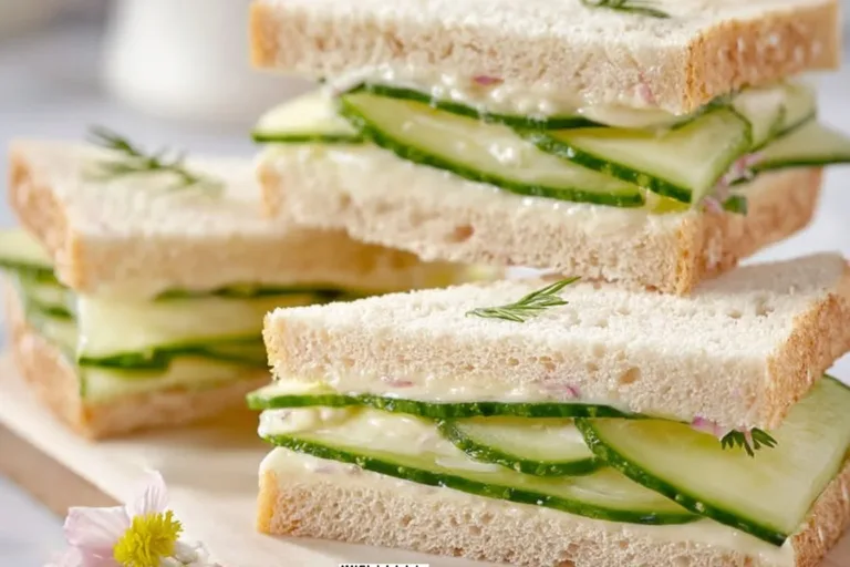 Cucumber Sandwiches Bloody Berry Cheesecake A platter of fresh cucumber sandwiches garnished and ready to serve.