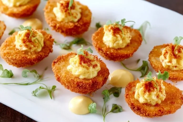 Deep-fried deviled eggs served on a platter with garnishes.