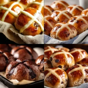 A tray of freshly baked hot cross buns with spices and currants
